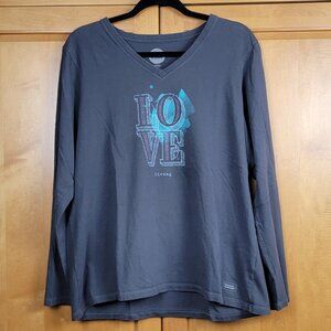 Life is Good Dark Grey V-neck Classic Fit Long Sleeve LOVE Strong Tee - XL